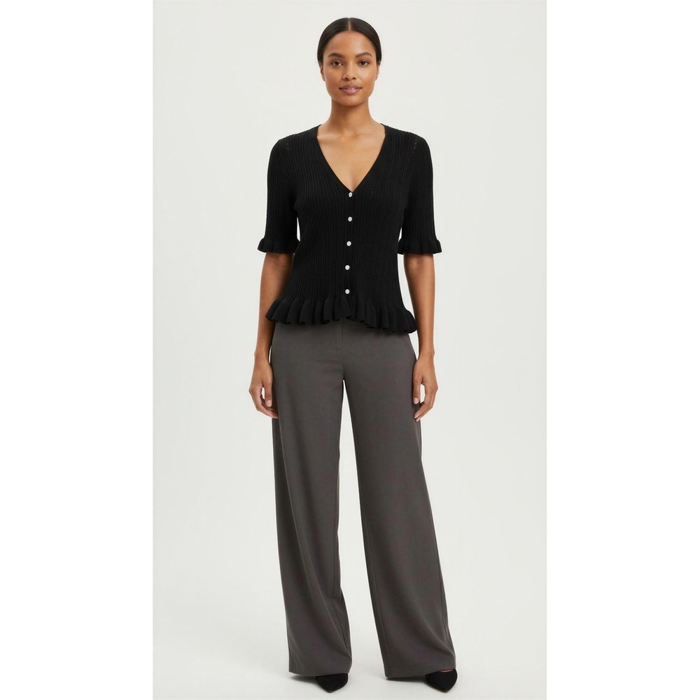 Catherine Malandrino Black Pointelle Knit Ruffle Cardigan Short Sleeve V-Neck M